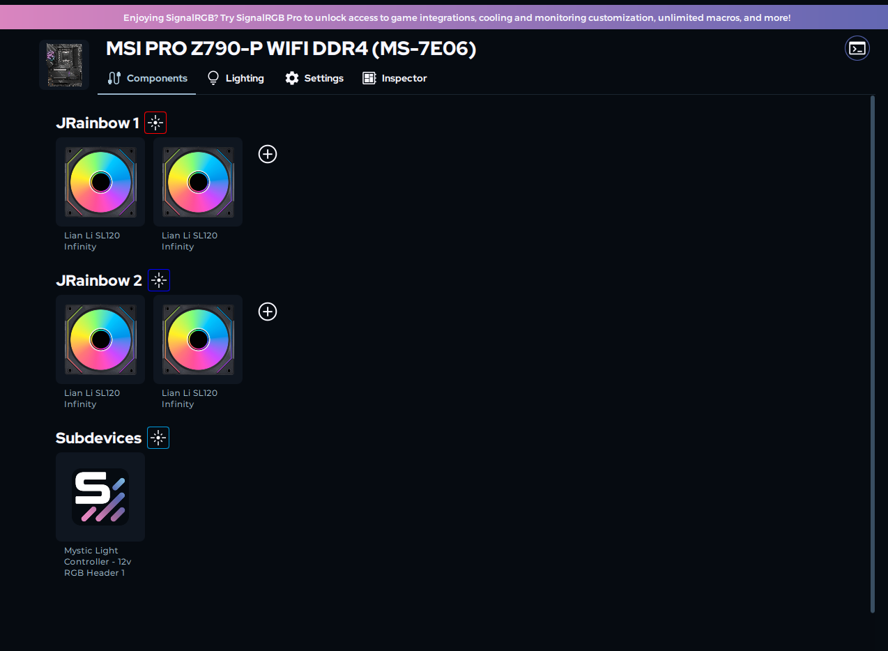 SignalRGB Components page showing JRainbow 1 and 2 configured with Lian Li SL120 Infinity fans