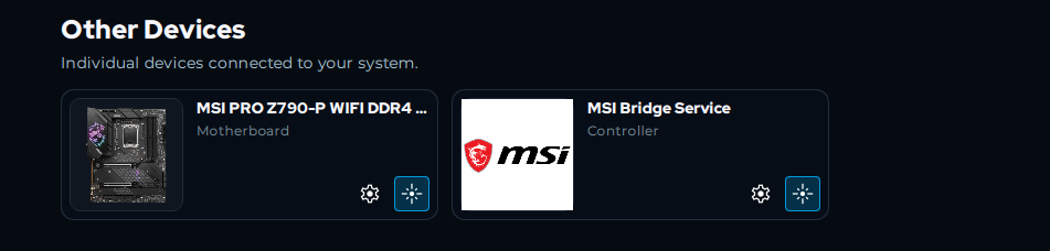 SignalRGB Other Devices page showing both MSI PRO Z790-P motherboard and MSI Bridge Service controller tiles
