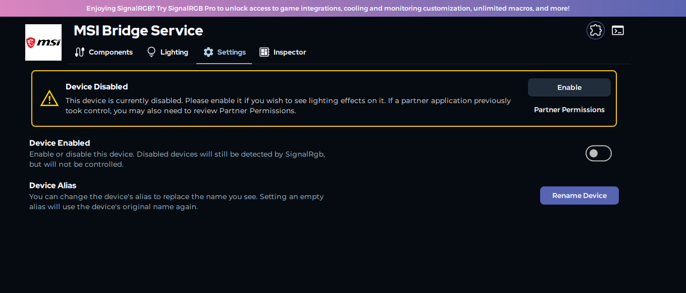 SignalRGB Device Disabled warning banner with Enable button and Partner Permissions link