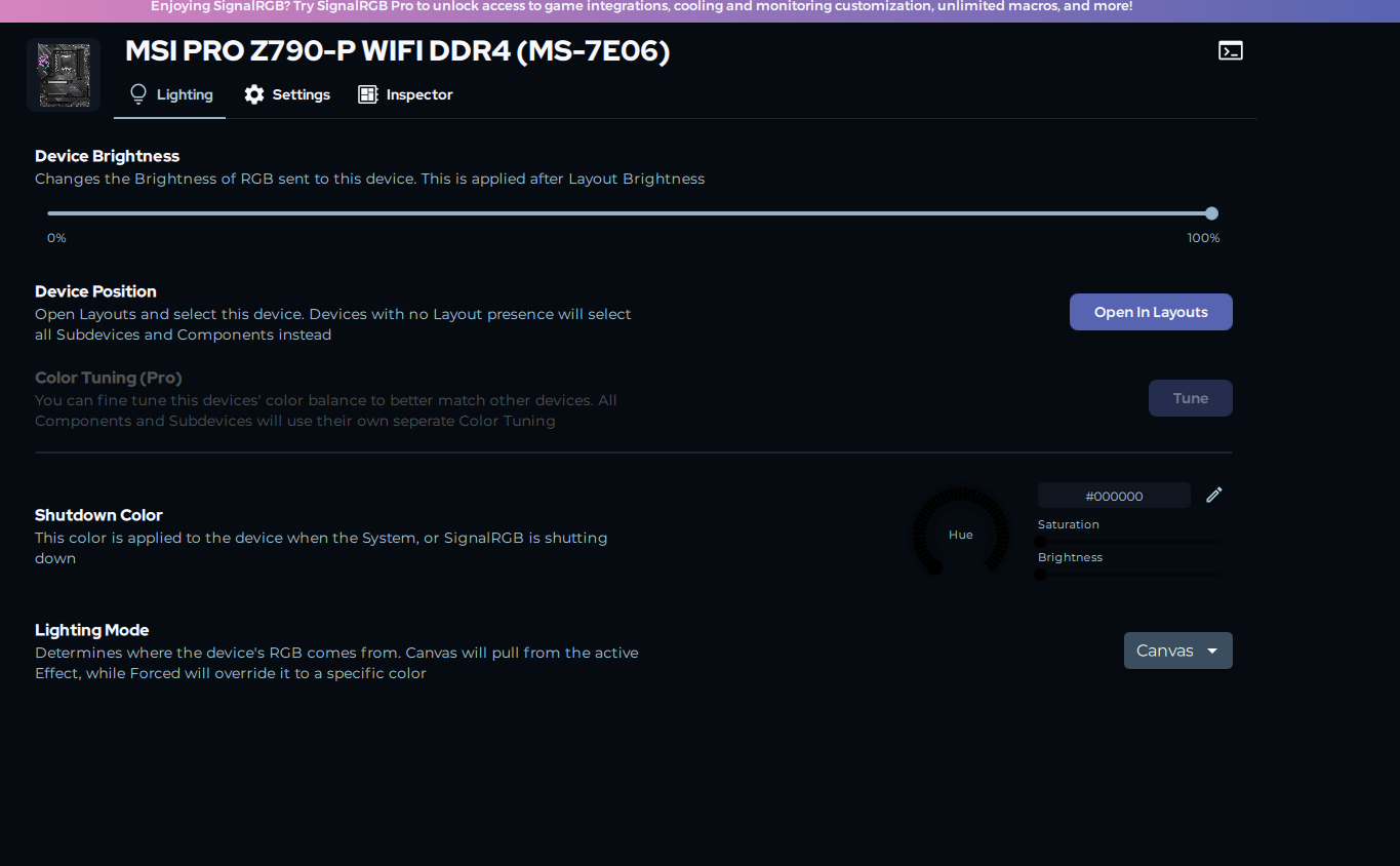 SignalRGB motherboard device page showing only Lighting, Settings and Inspector tabs — Components tab missing