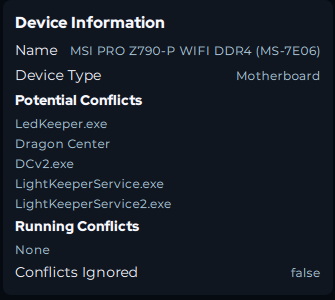SignalRGB device information panel listing potential conflicts: LedKeeper.exe, Dragon Center, DCv2.exe, LightKeeperService.exe