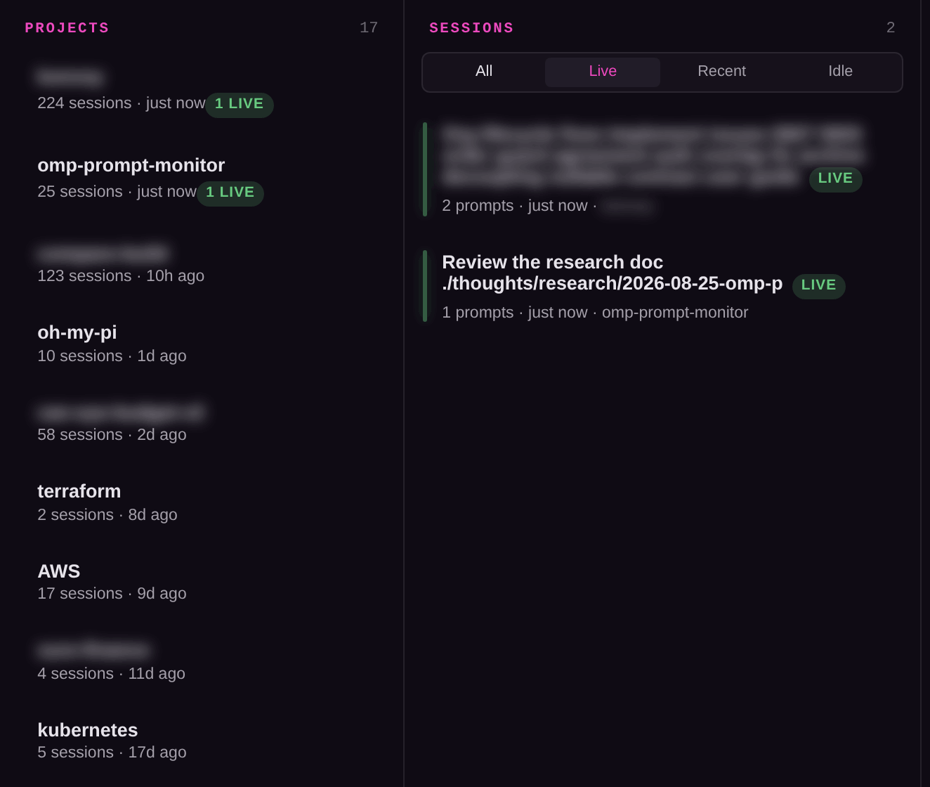 Projects and sessions columns with the Live filter active, showing two live sessions in two different repositories, each project card carrying a 1 LIVE chip