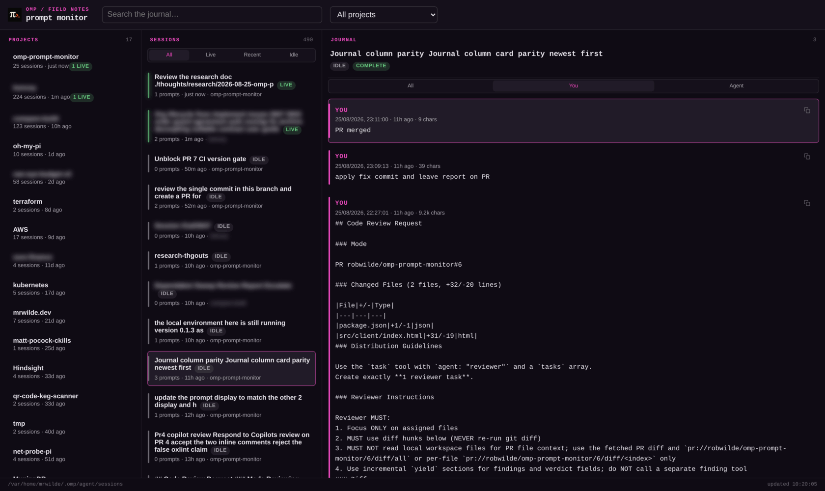 Journal column filtered to You, showing three user prompts newest-first with timestamps and character counts of 9, 39 and 9.2k characters