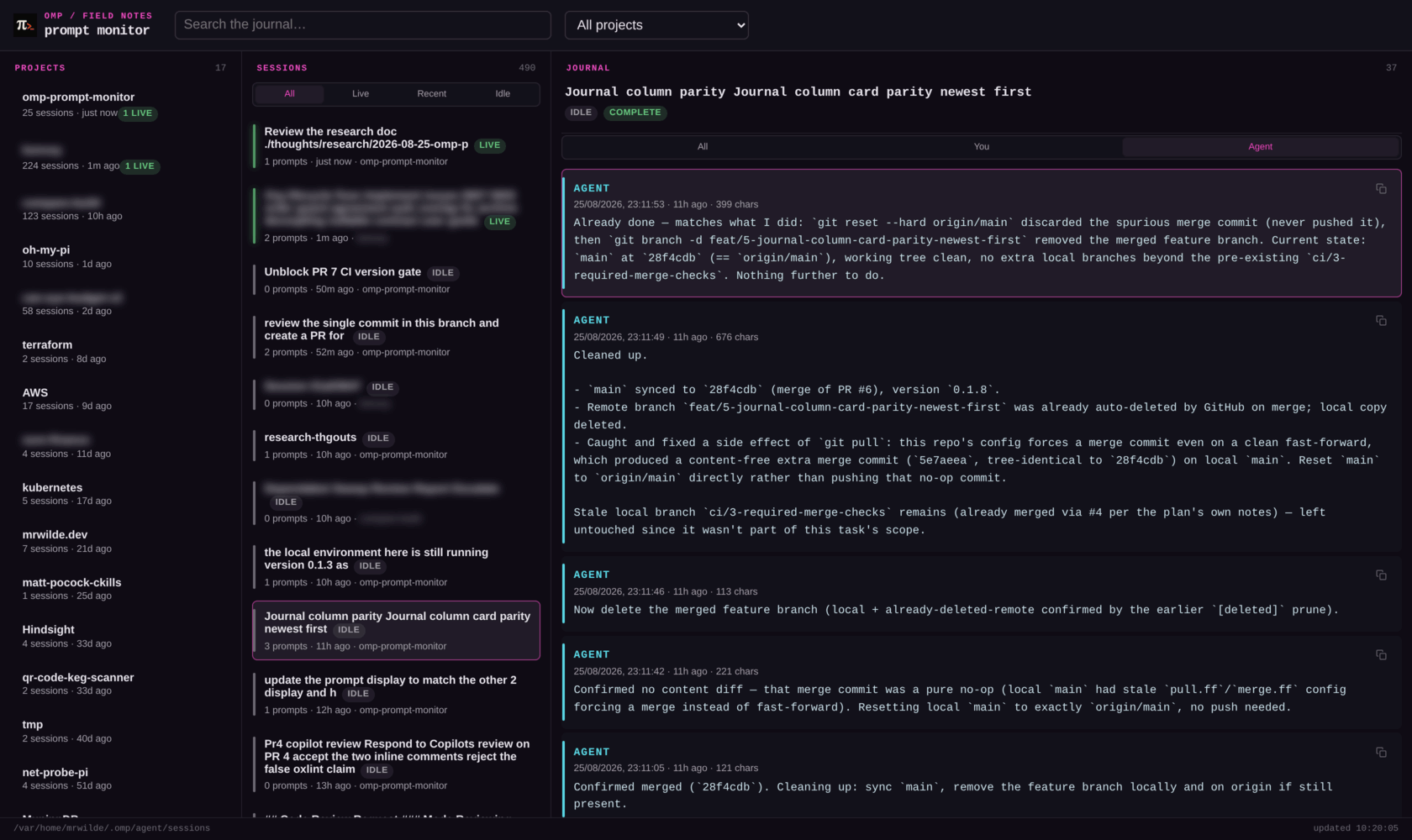 Journal column filtered to Agent, showing 37 short timestamped assistant entries narrating git operations step by step