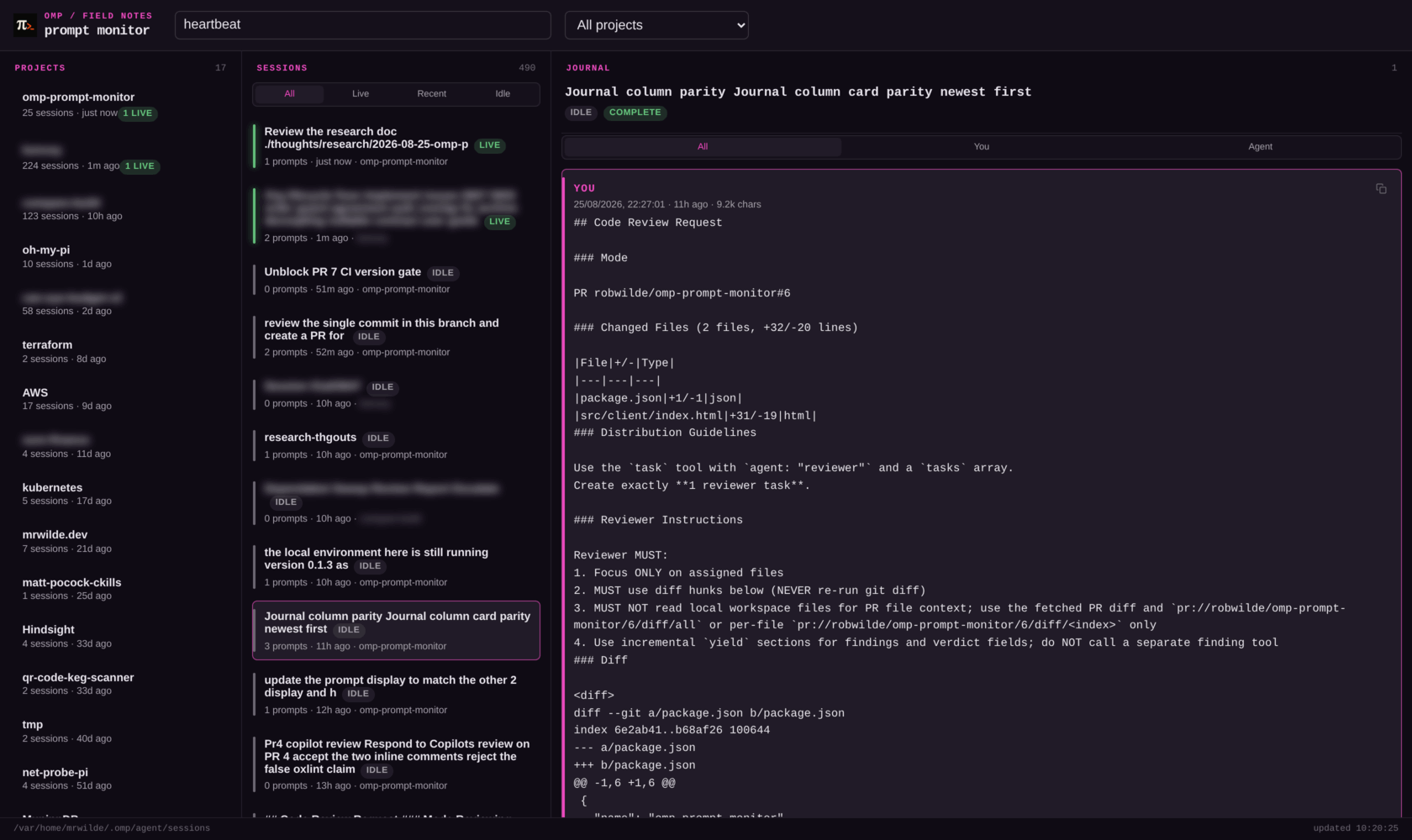 Search box containing the word heartbeat, with the journal entry count reduced from 40 to 1 matching entry while the project and session lists stay unchanged