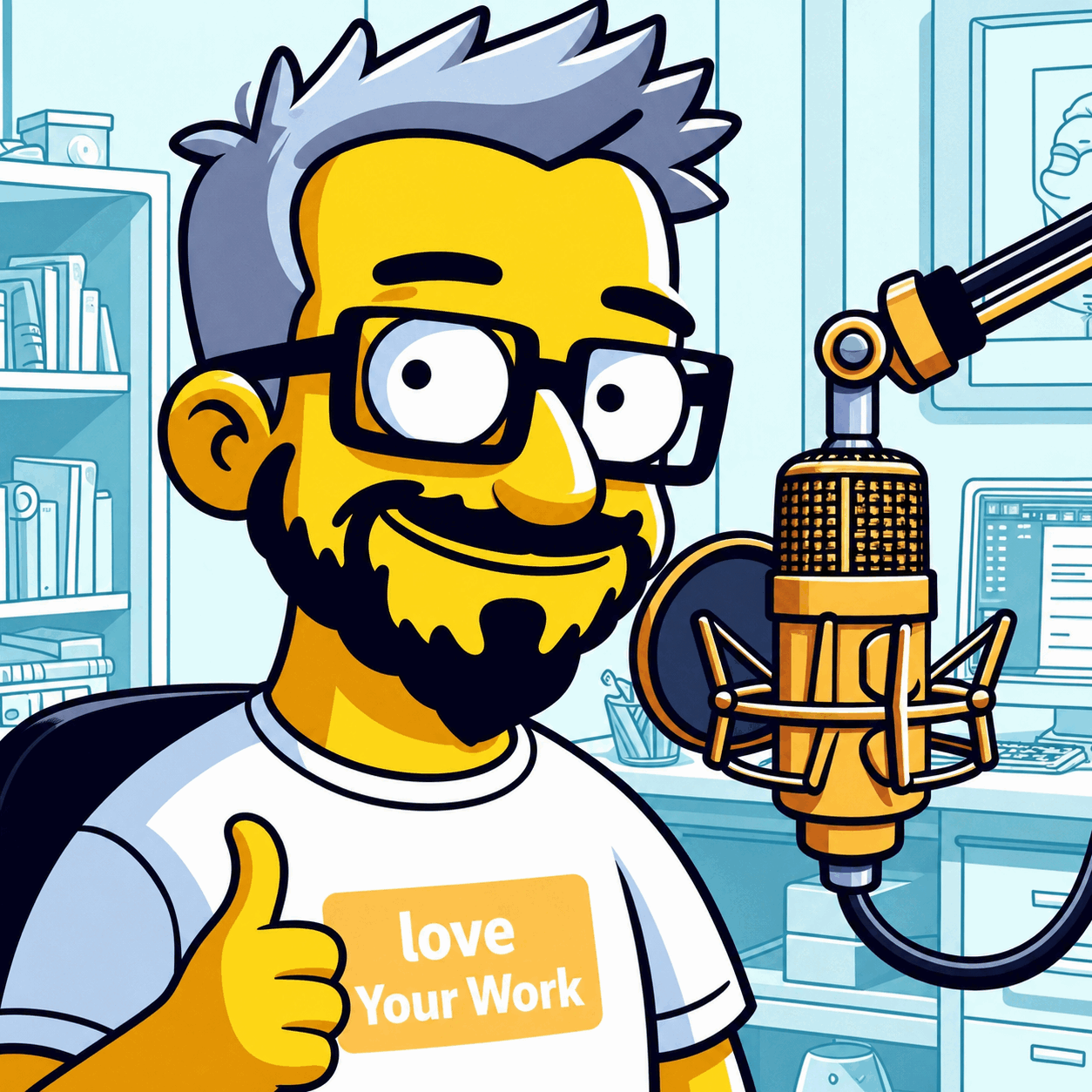 Mr Wilde as a Simpsons-style caricature giving a thumbs up at a podcast microphone in a 'Love Your Work' shirt